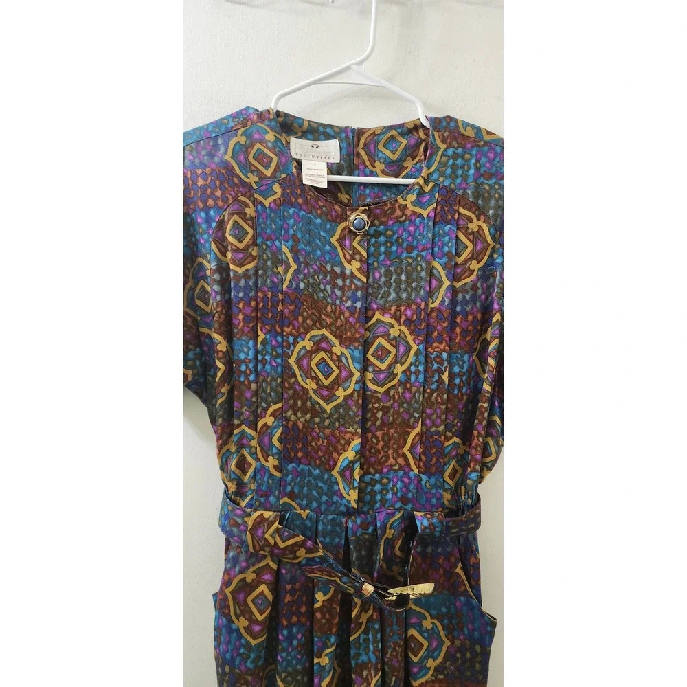 Worthington Essentials Vintage Midi Dress Geometric Print Belted Rayon Size 6